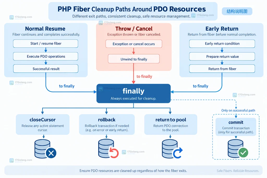 PHP Fiber 恢复、异常取消和 finally 清理 PDOStatement 与事务的关系说明图