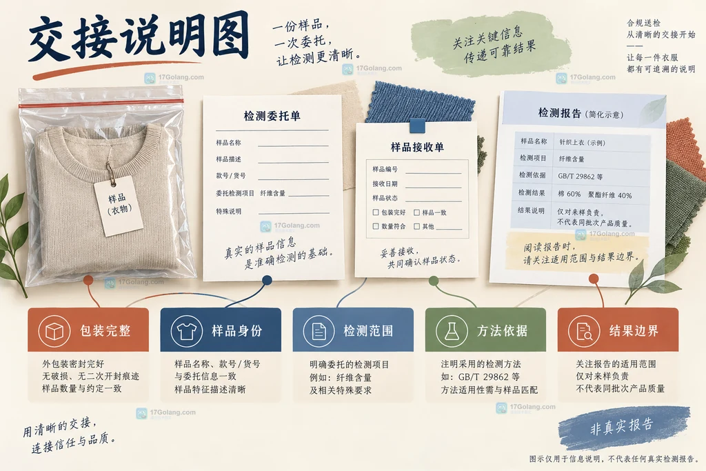 服装纤维成分送检中成衣部位、成分标签、货号批次与委托范围的对应关系说明图