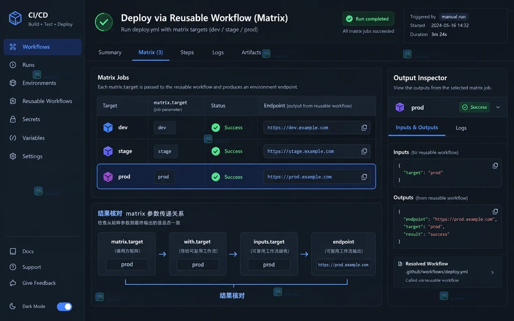 GitHub Actions 矩阵参数传递与结果核对的原创界面说明图,展示 dev、stage、prod 任务和输出面板