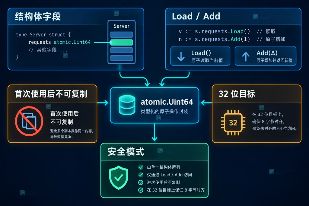 atomic.Uint64 迁移后的所有权、方法调用和兼容边界关系图