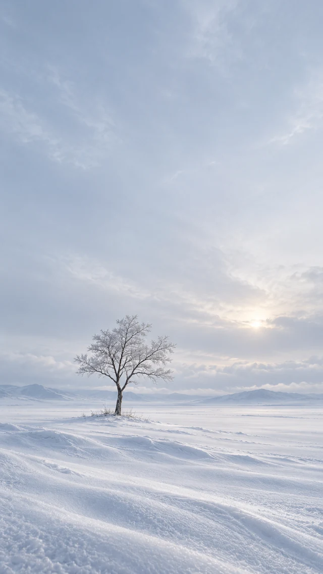 银白雪原与极简孤树手机壁纸提示词