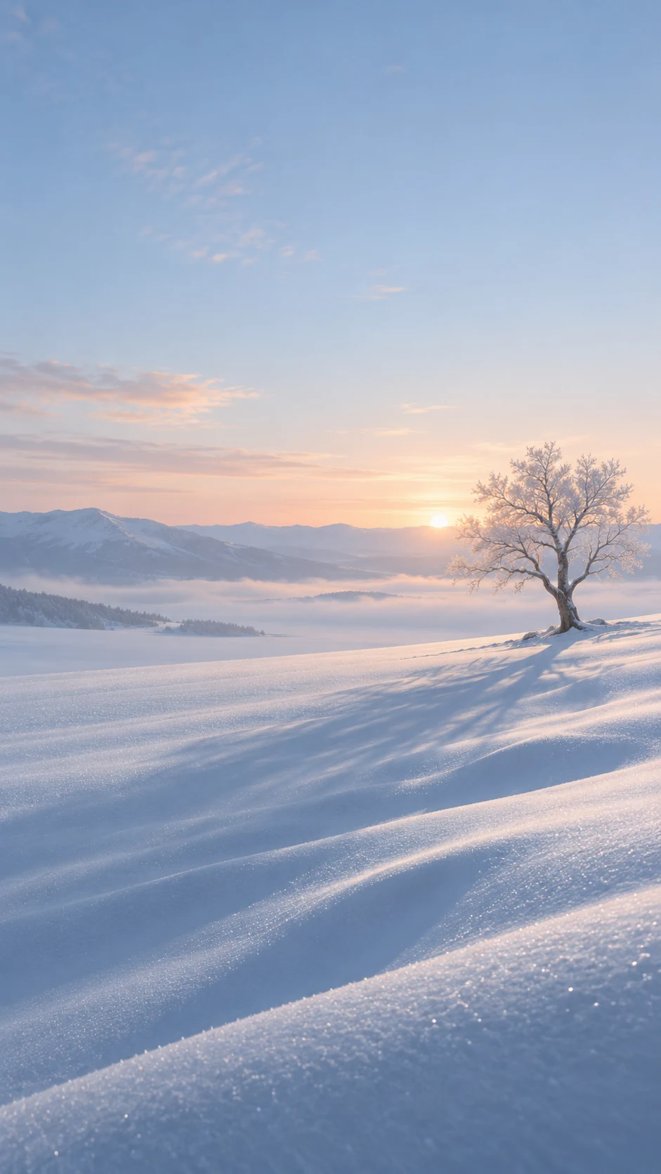 孤树位于右侧并带有斜向雪痕纵深的手机壁纸变体说明图