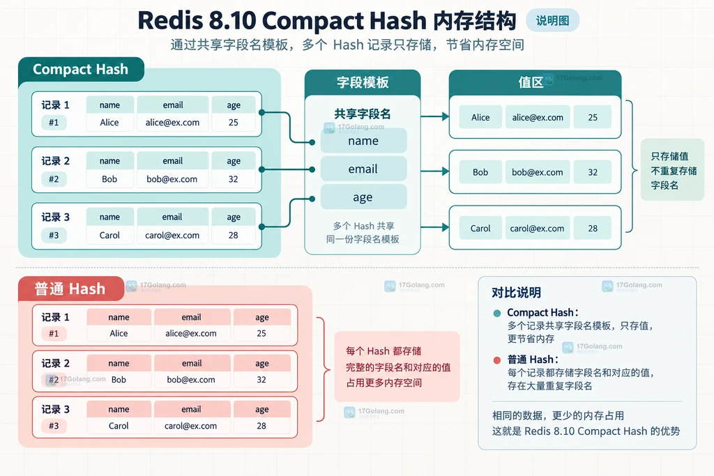 Redis 8.10 Compact Hash 共享字段模板与普通 Hash 的内存布局说明图