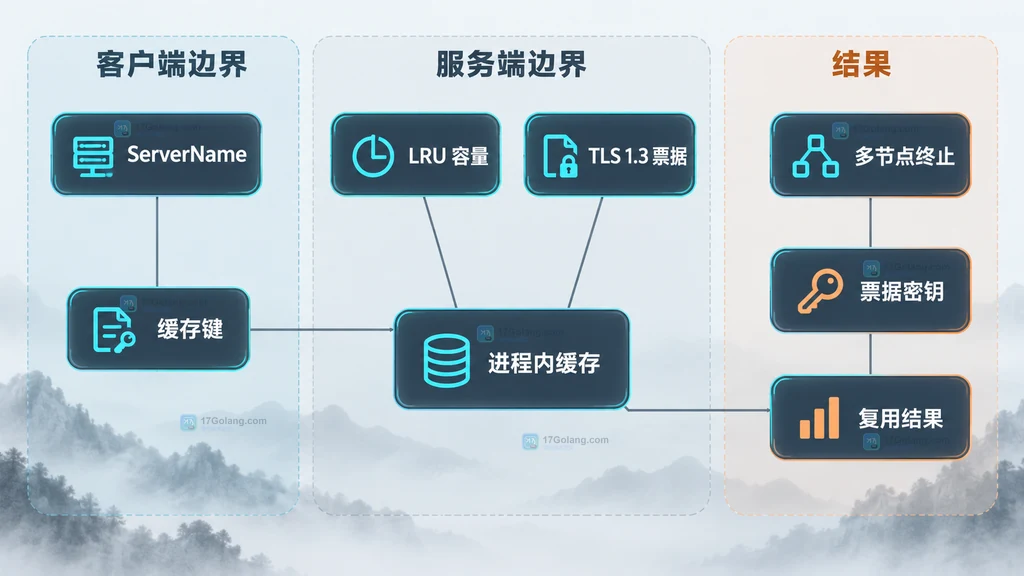 HTTP keep-alive、同一 TLS 连接、新 TCP 连接、TLS 会话恢复、完整握手和 DidResume 的边界关系图