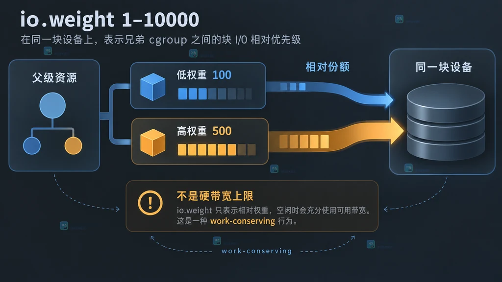 cgroup v2 io.weight 在同级 cgroup 和同一块设备之间表达相对 I/O 份额的结构示意图