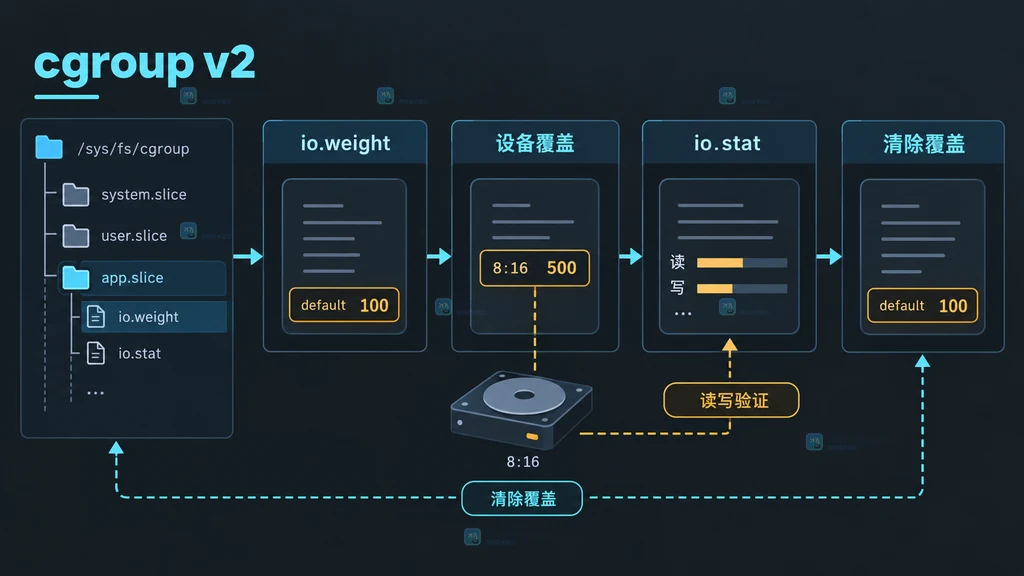 cgroup v2 io.weight 的 default 权重、major:minor 设备覆盖和 io.stat 观察关系示意图