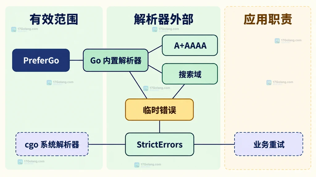 Go 内置解析器、多子查询、临时错误、StrictErrors 与 cgo 系统解析器作用范围图