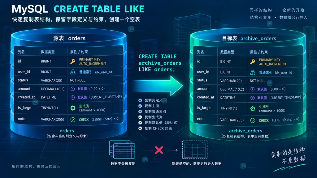 MySQL CREATE TABLE LIKE 从源表复制列属性、索引和检查约束到空目标表的静态结构图