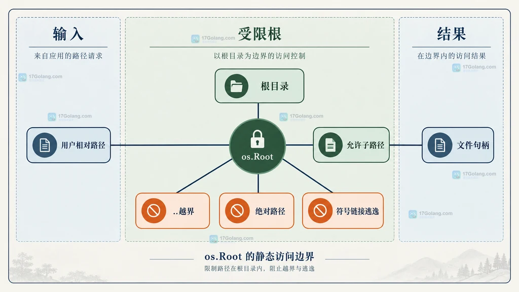 用户相对路径、os.Root、根目录、允许子路径和三类拒绝路径的静态边界关系