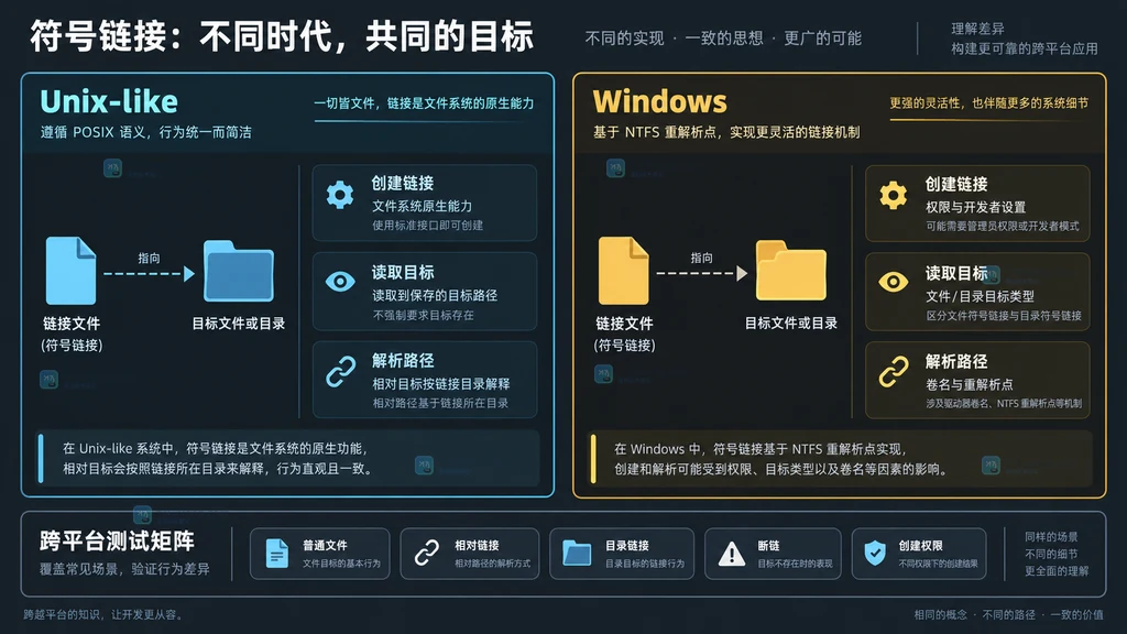 Unix-like 与 Windows 符号链接创建解析和测试边界对照说明图