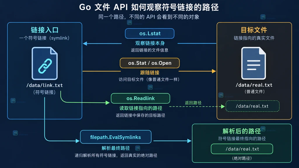 符号链接入口、目标文件和 Go 文件 API 观察层级关系说明图