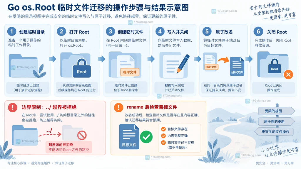 Go os.Root 临时文件迁移从打开根目录到原子改名的六步操作示意图