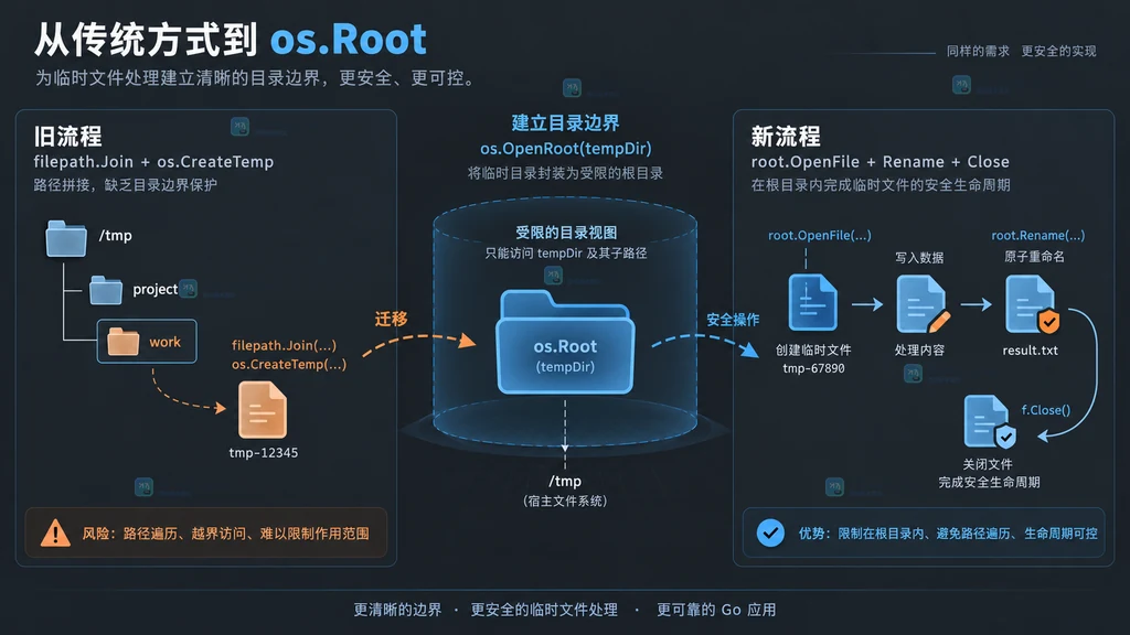 Go os.Root 将临时文件从路径拼接迁移到根目录句柄的静态结构说明图