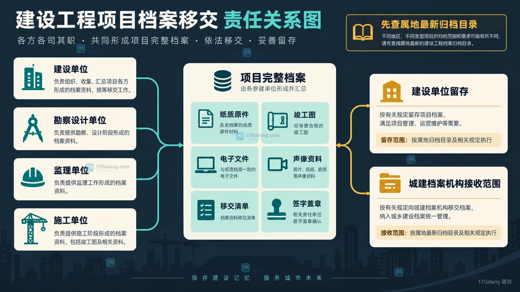 建设、勘察设计、监理和施工单位文件汇入项目完整档案并分别确定留存和移交范围