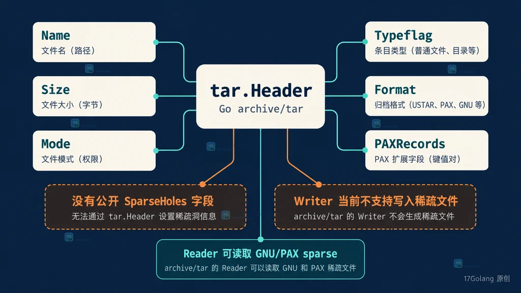 archive/tar Header 字段与稀疏写入能力边界示意图
