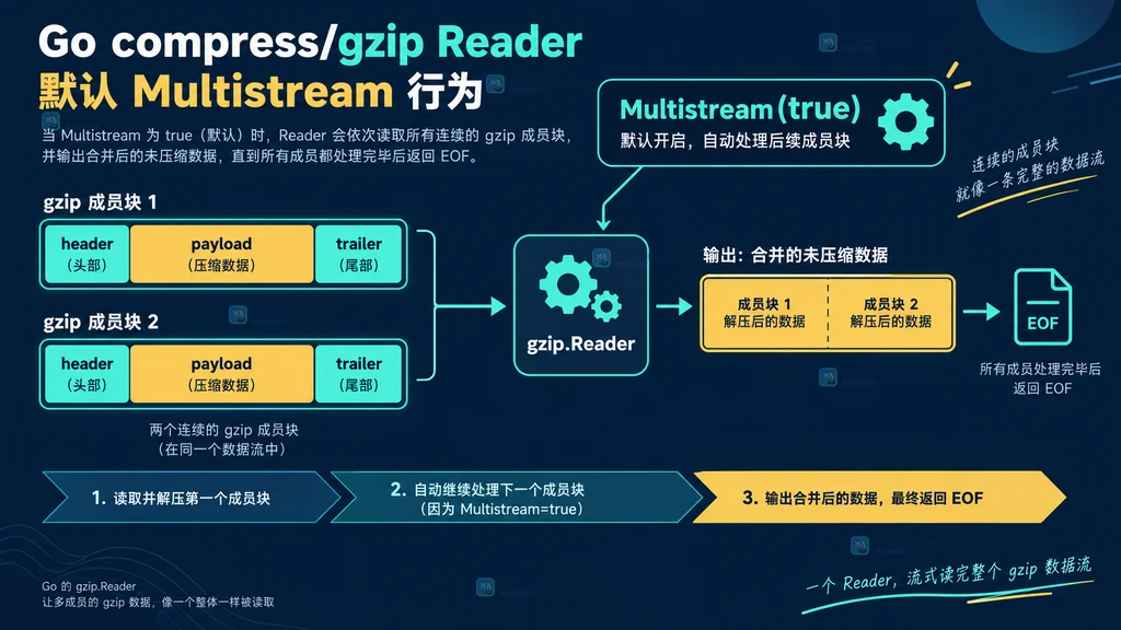 两个 gzip 成员经过默认 Multistream Reader 后合并输出的结构说明图