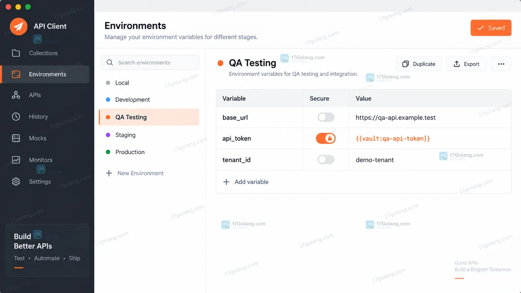QA Testing 环境变量与 Vault 凭据占位符配置说明图