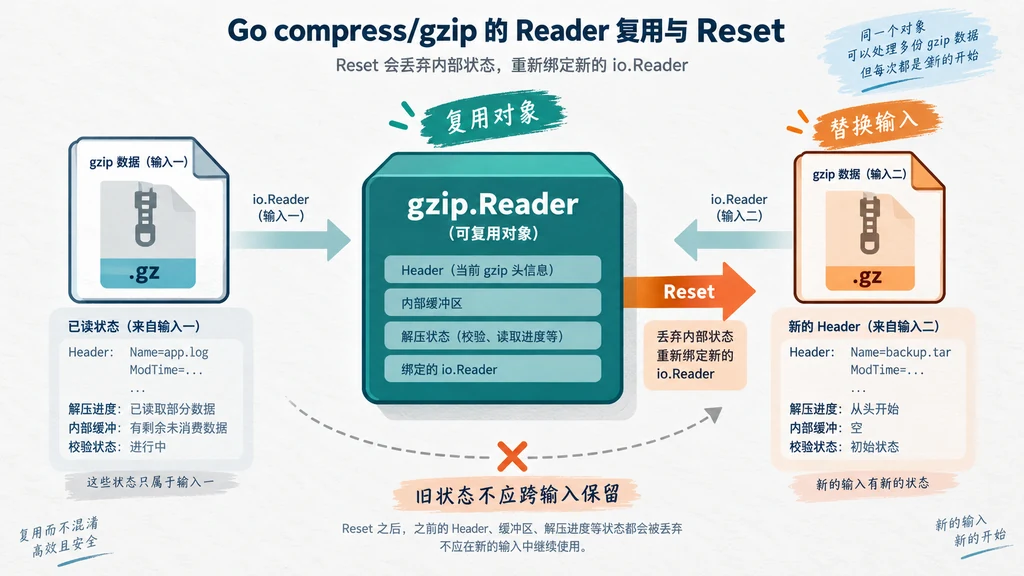 gzip Reader 复用与 Reset 重新绑定新输入的状态关系说明图