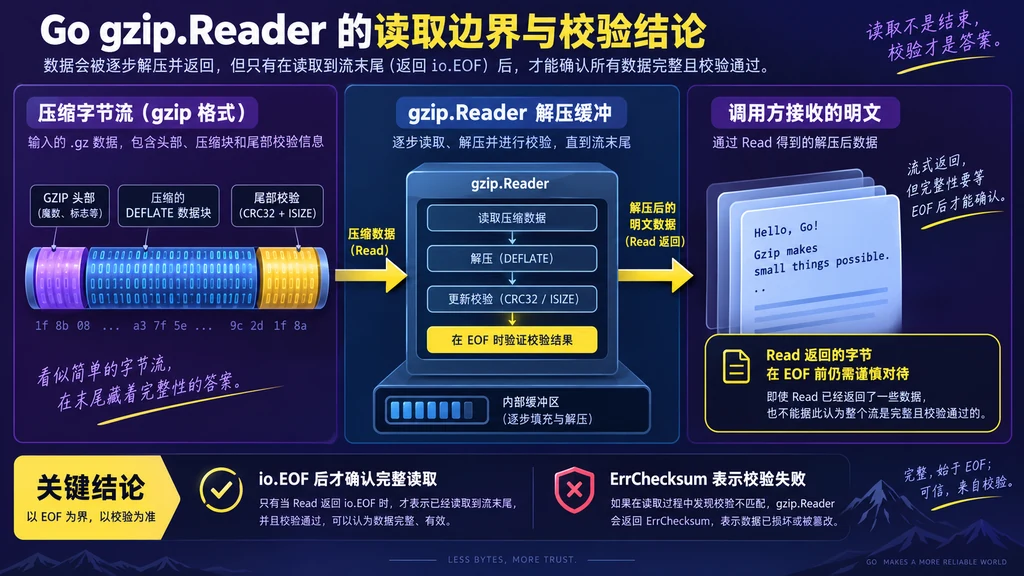 gzip Reader 从压缩字节流到明文输出并在 EOF 时完成校验的边界说明图