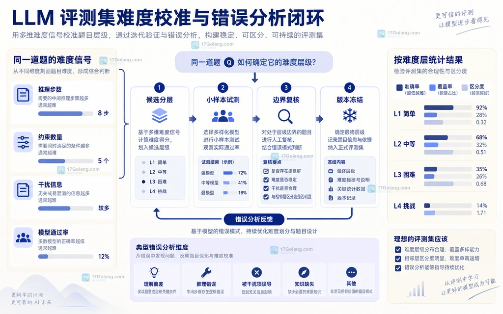 LLM 评测集难度信号经过小样本试测和边界复核形成版本冻结闭环的静态说明图
