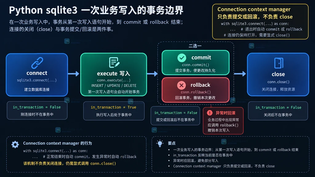 Python sqlite3 从连接到提交或回滚再到关闭的事务边界关系图