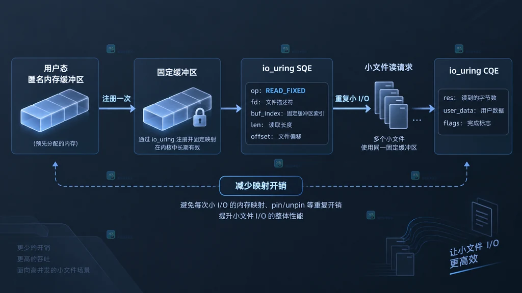 io_uring 固定缓冲区适用场景与资源代价的静态对比图