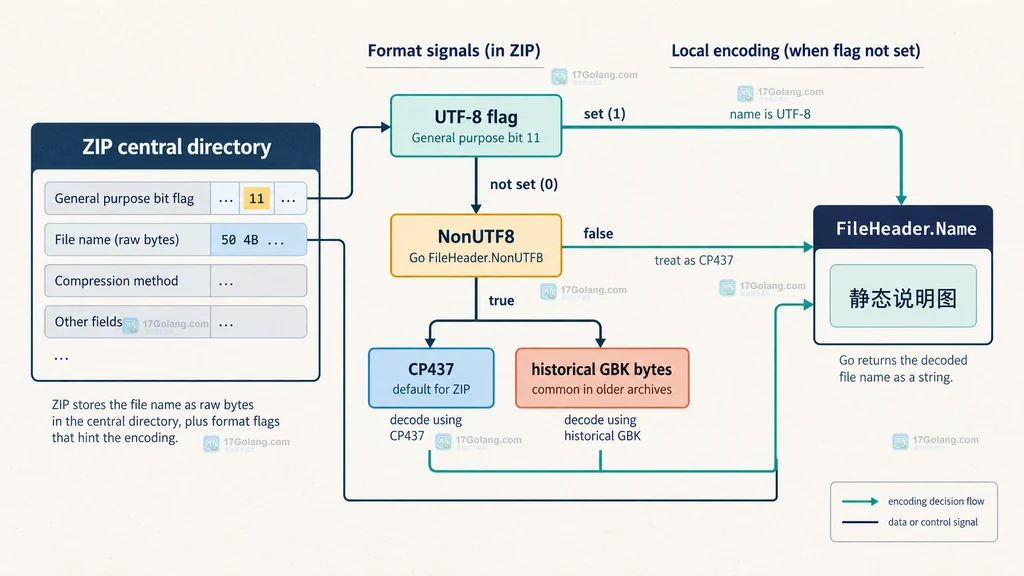 Go archive zip 文件名编码说明图,展示 UTF-8 标志、NonUTF8、CP437、GBK 字节与 FileHeader.Name 的关系