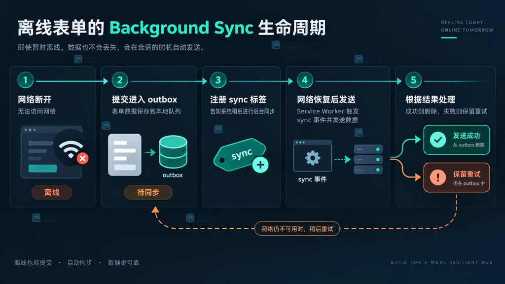 Background Sync 从离线入队到成功删除或失败保留的生命周期说明图