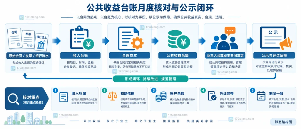 公共收益台账从合同发票银行流水到核对余额公示的月度闭环静态结构图