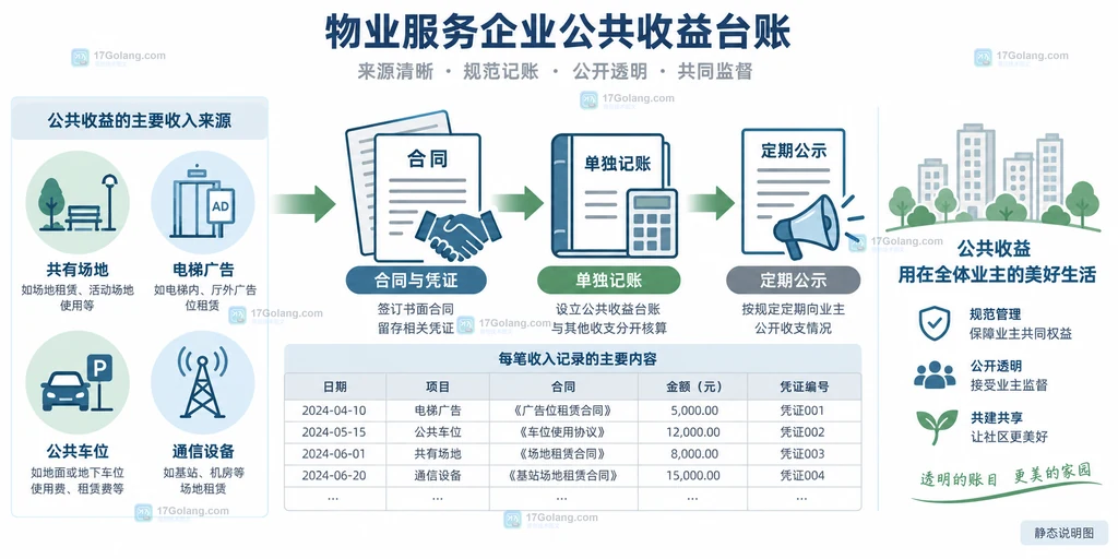 物业公共收益从共有场地和设施来源进入合同凭证及台账公示的静态说明图
