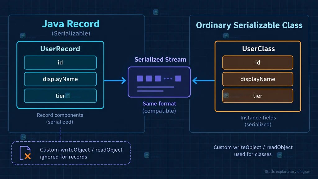 Java record 组件映射序列化流与普通 Serializable 类差异的静态说明图