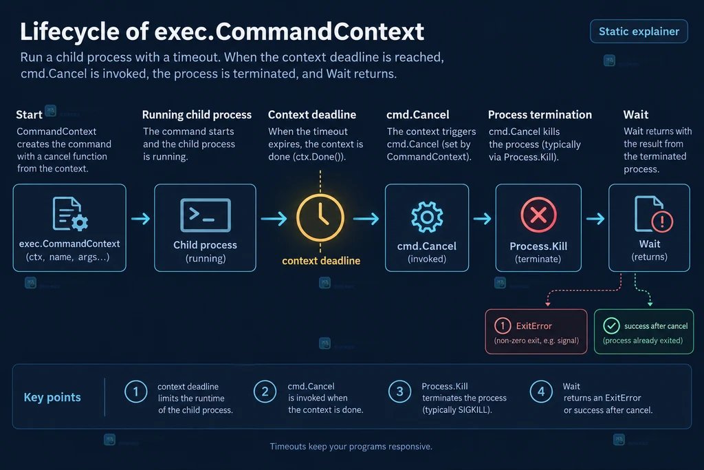 context deadline 触发 Cmd.Cancel、Process.Kill 与 Wait 返回的 Go 外部命令生命周期结构图
