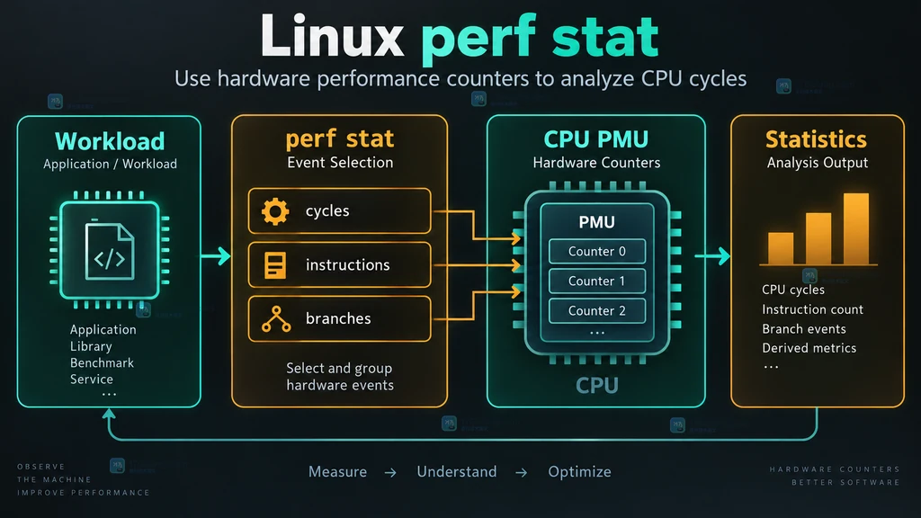 工作负载通过 perf stat 选择 cycles、instructions 和 branches,再由 CPU PMU 计数器统计并输出结果的结构说明图