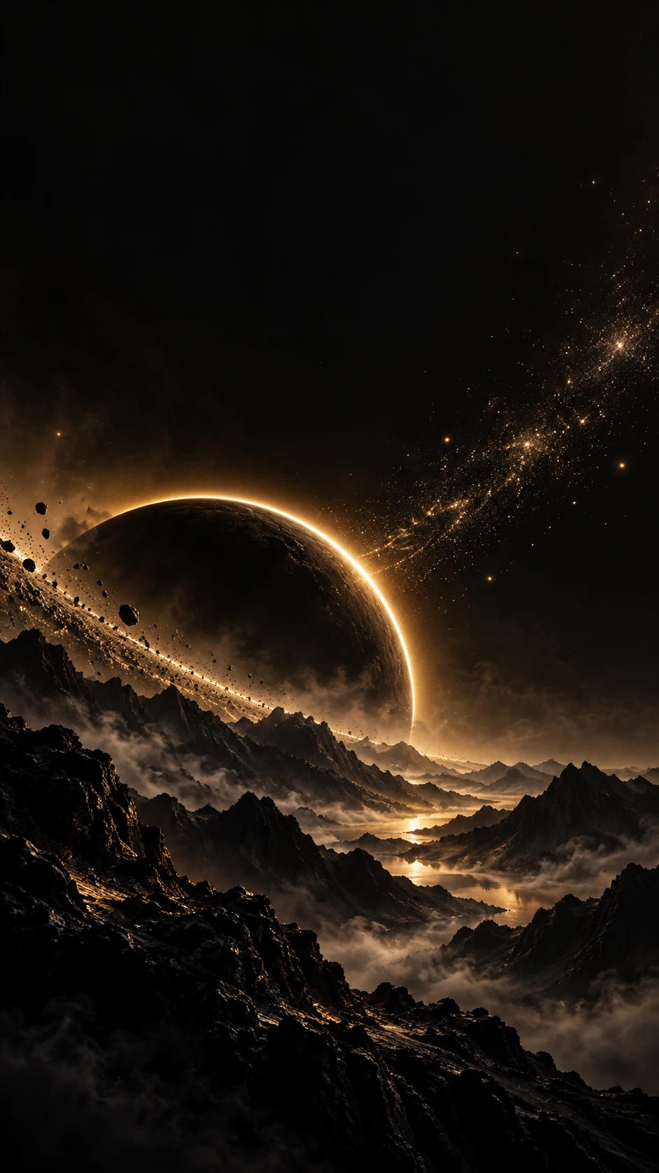斜向细线星环与下部月蚀弧线构成的原创手机壁纸变体说明图