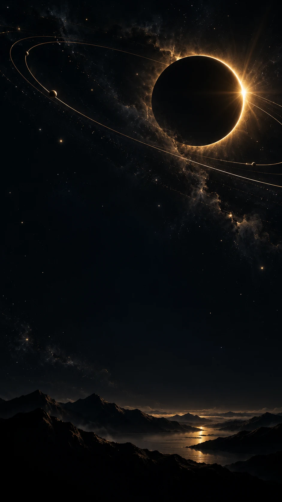黑金月蚀与细线星环构成的原创手机锁屏壁纸说明图