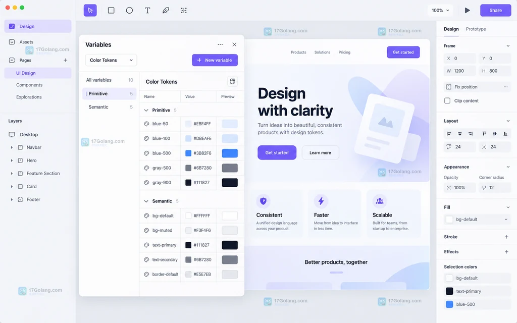Color Tokens 集合中展示 Primitive 和 Semantic 分组的原创 Figma 风格界面说明图