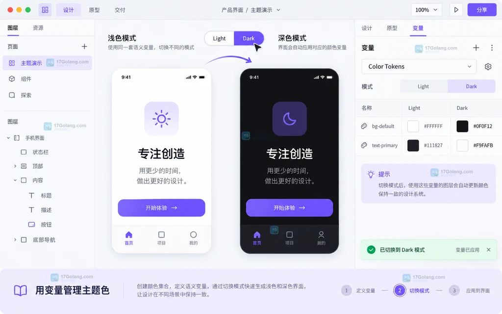 Color Tokens 集合显示 Light 和 Dark mode 与主题预览变化的原创 Figma 风格界面说明图