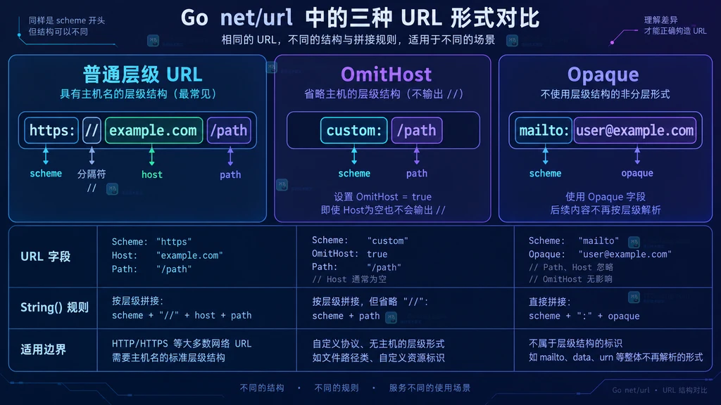 Go net/url 的 OmitHost、空 Host、Path 与 String 序列化结果关系说明图