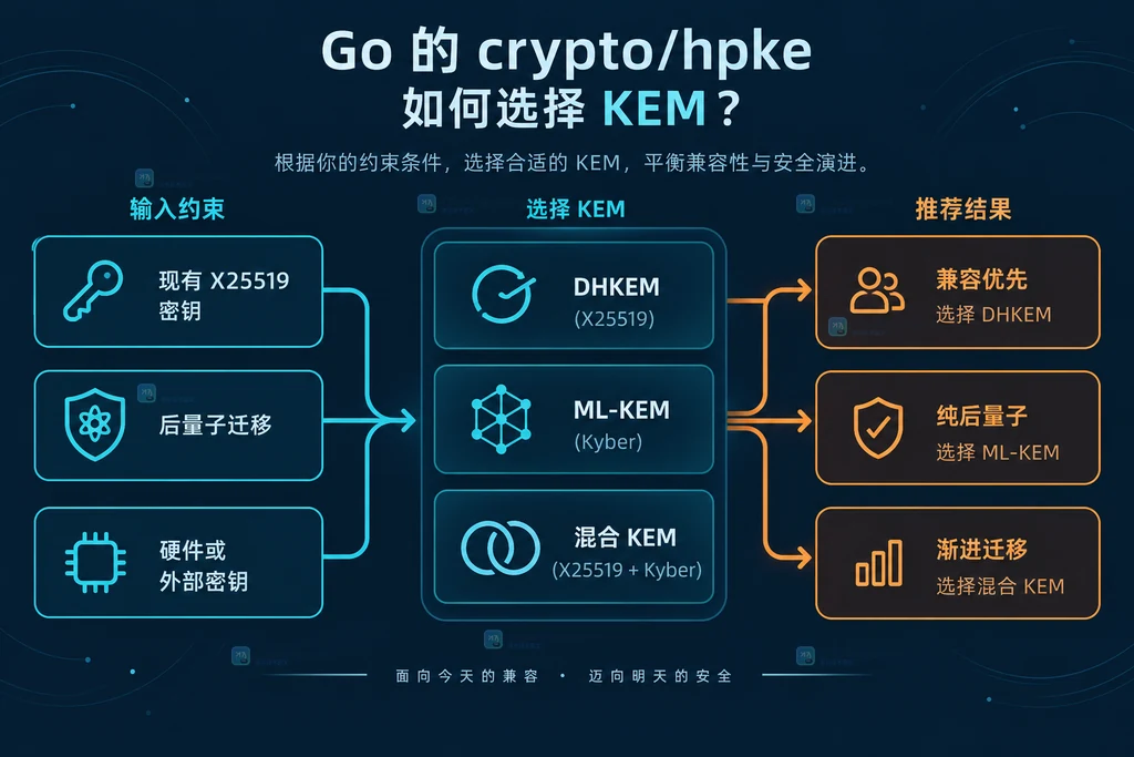 从部署约束筛选 crypto/hpke KEM 的决策关系说明图