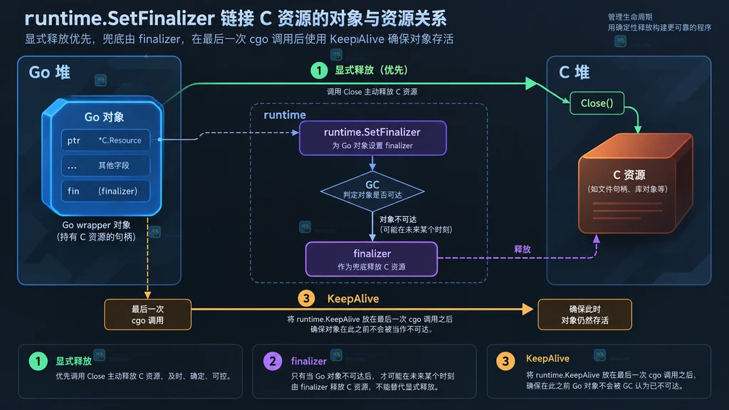 Go wrapper、runtime.SetFinalizer、GC、runtime.KeepAlive 与 C 资源之间的静态关系说明图