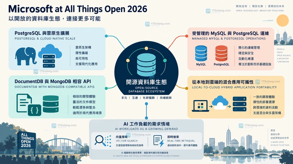 PostgreSQL、DocumentDB、MySQL、混合应用与 AI 数据需求之间的关系说明图