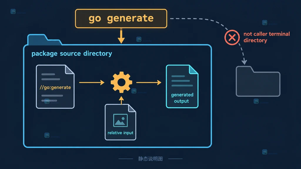 从指令文件、生成器进程到输出路径排查 go generate 工作目录问题的静态节点图