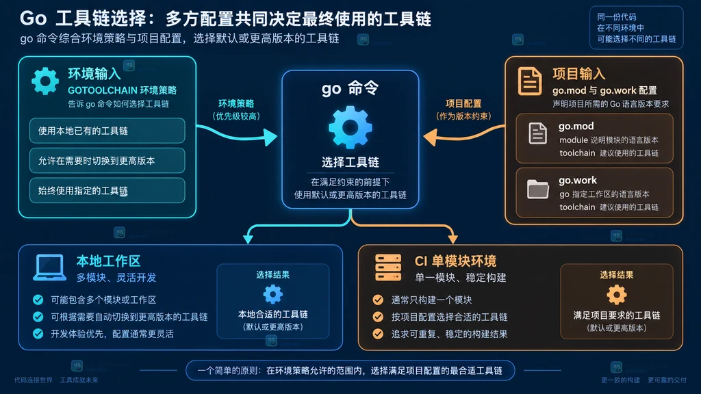 go list 模块版本、go.mod 配置和实际 Go 工具链三层关系说明图