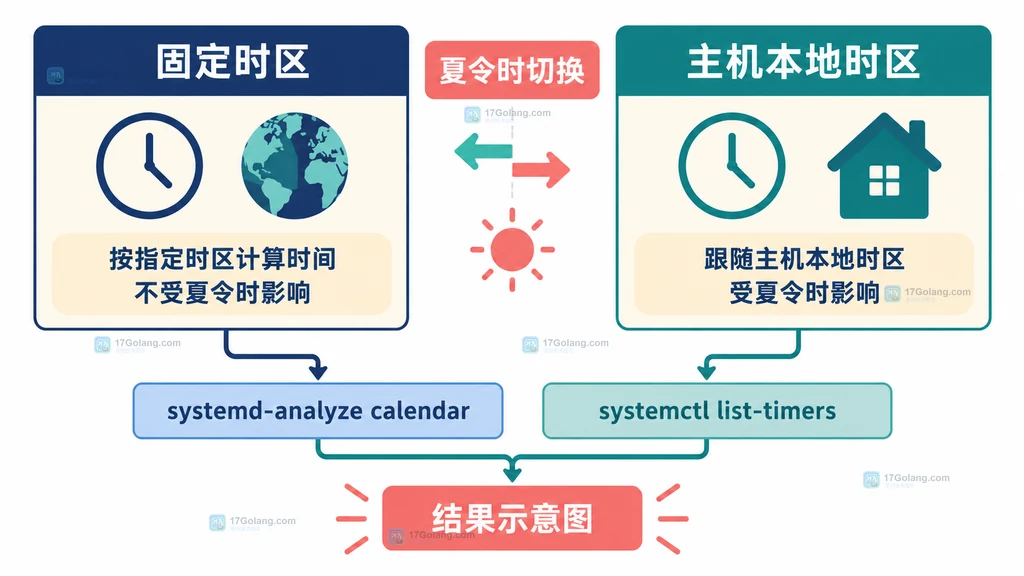 固定时区与主机本地时区在夏令时切换下的 OnCalendar 解释关系说明图