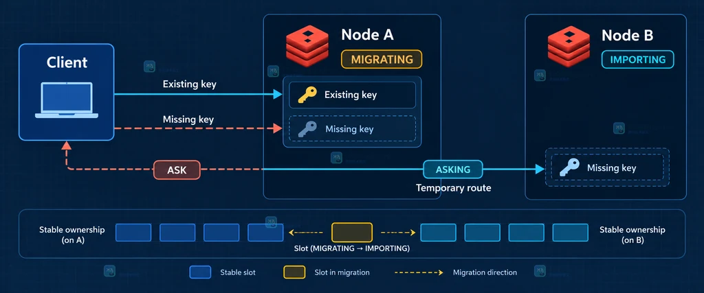 Redis Cluster 客户端区分 MOVED 与 ASK 的槽位表更新和重试策略对比图