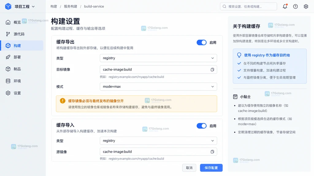 原创构建设置界面说明图,展示 registry 缓存导出导入与 mode=max 配置