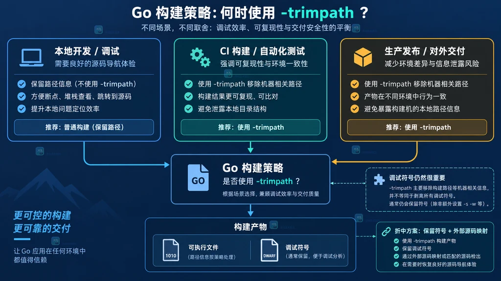 本地调试、CI 构建和生产发布选择 trimpath 的策略关系图
