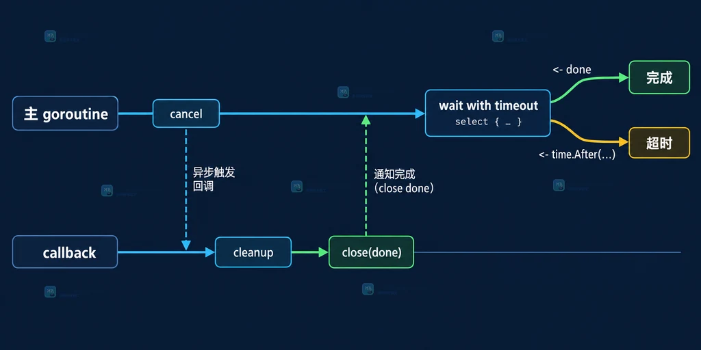 Go 主 goroutine 通过 done channel 等待 context.AfterFunc 清理回调完成的结构说明图