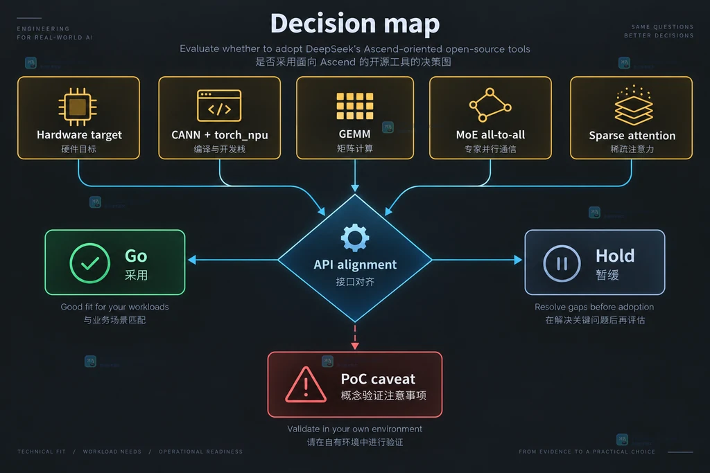 从目标硬件、CANN 与 torch_npu、GEMM、MoE 通信、稀疏注意力、API 对齐和 PoC 限定判断 Ascend 工具接入的决策图