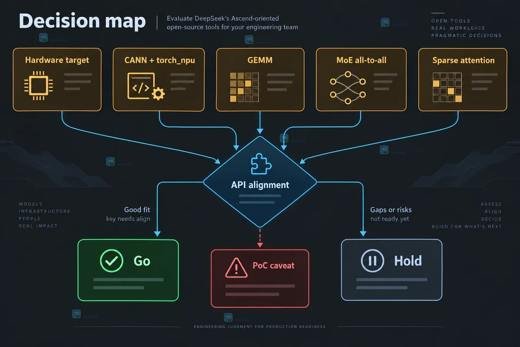 DeepSeek 与华为 Ascend 工具链从模型工作负载、编译抽象、计算通信内核到 NPU 工具链的分层协作说明图